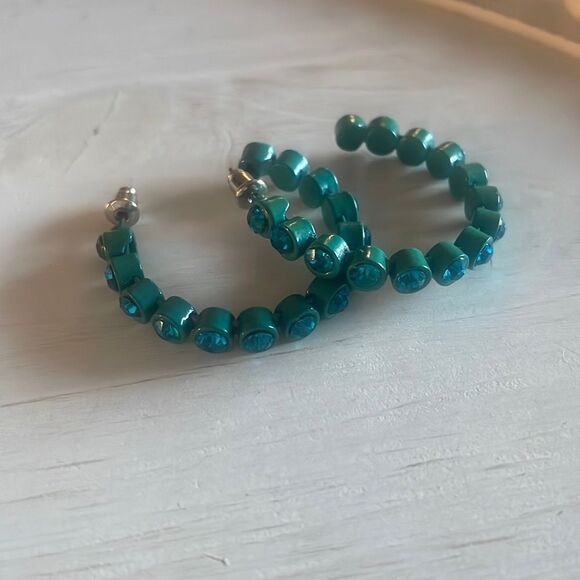 Teal Colored Rhinestone Hoop Earrings - Picture 4 of 11